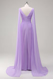 Elegant Lilac A-Line V Neck Chiffon Long Bridesmaid Dress with Flowing Cape Sleeves