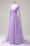 Elegant Lilac A-Line V Neck Chiffon Long Bridesmaid Dress with Flowing Cape Sleeves