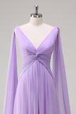 Elegant Lilac A-Line V Neck Chiffon Long Bridesmaid Dress with Flowing Cape Sleeves