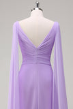 Elegant Lilac A-Line V Neck Chiffon Long Bridesmaid Dress with Flowing Cape Sleeves