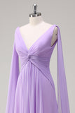 Elegant Lilac A-Line V Neck Chiffon Long Bridesmaid Dress with Flowing Cape Sleeves