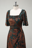 Dark Green A Line Square Neck Burnout Velvet Long Party Dress with Short Sleeves