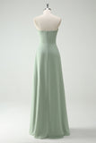 Dusty Sage A Line Strapless Chiffon Long Bridesmaid Dress with Ruffle Slit