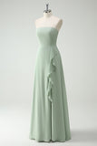 Dusty Sage A Line Strapless Chiffon Long Bridesmaid Dress with Ruffle Slit