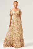 Yellow Flower Printed A-Line Chiffon Long Bridesmaid Dress with Short Sleeves