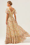 Yellow Flower Printed A-Line Chiffon Long Bridesmaid Dress with Short Sleeves