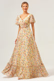 Yellow Flower Printed A-Line Chiffon Long Bridesmaid Dress with Short Sleeves