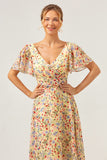 Yellow Flower Printed A-Line Chiffon Long Bridesmaid Dress with Short Sleeves