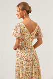 Yellow Flower Printed A-Line Chiffon Long Bridesmaid Dress with Short Sleeves