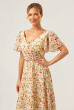 Yellow Flower Printed A-Line Chiffon Long Bridesmaid Dress with Short Sleeves