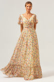 Yellow Flower Printed A-Line Chiffon Long Bridesmaid Dress with Short Sleeves