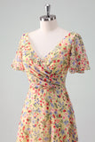 Yellow Flower Printed A-Line Chiffon V-Neck Bridesmaid Dress with Short Sleeves