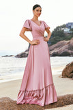 Blush Pink A-Line V Neck Ruffle Sleeves Long Satin Bridesmaid Dress