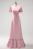 Blush Pink A Line V Neck Ruffle Pleated Long Satin Bridesmaid Dress