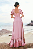 Blush Pink A-Line V Neck Ruffle Sleeves Long Satin Bridesmaid Dress