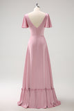 Blush Pink A Line V Neck Ruffle Pleated Long Satin Bridesmaid Dress