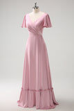 Blush Pink A Line V Neck Ruffle Pleated Long Satin Bridesmaid Dress