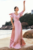 Blush Pink A-Line V Neck Ruffle Sleeves Long Satin Bridesmaid Dress