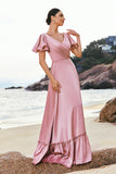 Blush Pink A-Line V Neck Ruffle Sleeves Long Satin Bridesmaid Dress