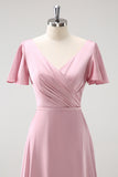 Blush Pink A Line V Neck Ruffle Pleated Long Satin Bridesmaid Dress