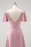 Blush Pink A Line V Neck Ruffle Pleated Long Satin Bridesmaid Dress