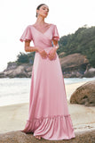 Blush Pink A-Line V Neck Ruffle Sleeves Long Satin Bridesmaid Dress