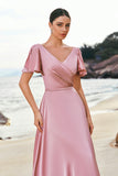 Blush Pink A-Line V Neck Ruffle Sleeves Long Satin Bridesmaid Dress