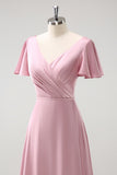 Blush Pink A Line V Neck Ruffle Pleated Long Satin Bridesmaid Dress