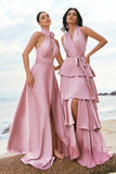 Pink A-Line V-Neck Tiered Ruched Satin Long Bridesmaid Dress with Ruffle Slit