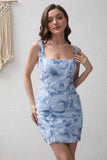 Blue Bodycon Square Neck Short Lace Up Party Dress with 3D Flower