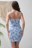 Blue Bodycon Square Neck Short Lace Up Party Dress with 3D Flower