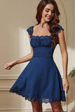 Navy A-Line Square Neck Short Party Dress with Lace