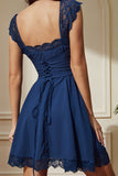 Navy A-Line Square Neck Short Party Dress with Lace