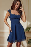 Navy A-Line Square Neck Short Party Dress with Lace