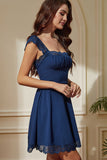 Navy A-Line Square Neck Short Party Dress with Lace