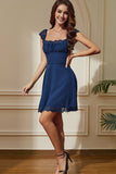 Navy A-Line Square Neck Short Party Dress with Lace