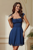 Navy A-Line Square Neck Short Party Dress with Lace