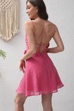 Fuchsia A-Line Spaghetti Straps Flower Short Party Dress