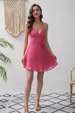 Fuchsia A-Line Spaghetti Straps Flower Short Party Dress