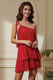 Red One Shoulder Pleated Tiered Sheath Short Party Dress