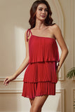 Red One Shoulder Pleated Tiered Sheath Short Party Dress