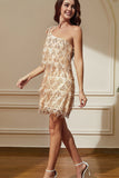 Sparkly Golden Sheath One Shoulder Short Party Dress with Tassels