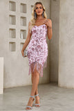 Sparkly Pink Tight Sequin Spaghetti Straps Short Party Dress with Tassels