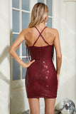 Sparkly Burgundy Bodycon Spaghetti Straps Short Party Dress with Tassels