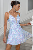 Sparkly Blue A-Line Sequined Embroidery Spaghetti Straps Short Party Dress