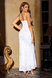 Sparkly White Mermaid Spaghetti Straps Long Prom Dress with Sequins