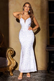 Sparkly White Mermaid Spaghetti Straps Long Prom Dress with Sequins