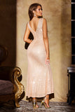 Sparkly Champagne Mermaid V Neck Long Prom Dress with Sequins