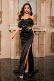 Sparkly Black Mermaid Off the Shoulder Corset Long Prom Dress with Slit