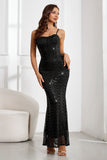 Sparkly Black Mermaid Spaghetti Straps Long Prom Dress with Sequins